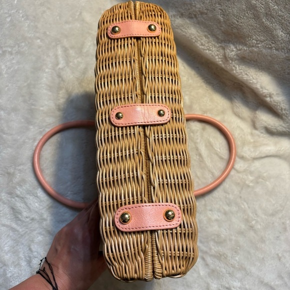 NEW Banana Republic Woven Bag Tan Rattan Pale Pink Leather Gold-tone Hardware - Picture 13 of 16